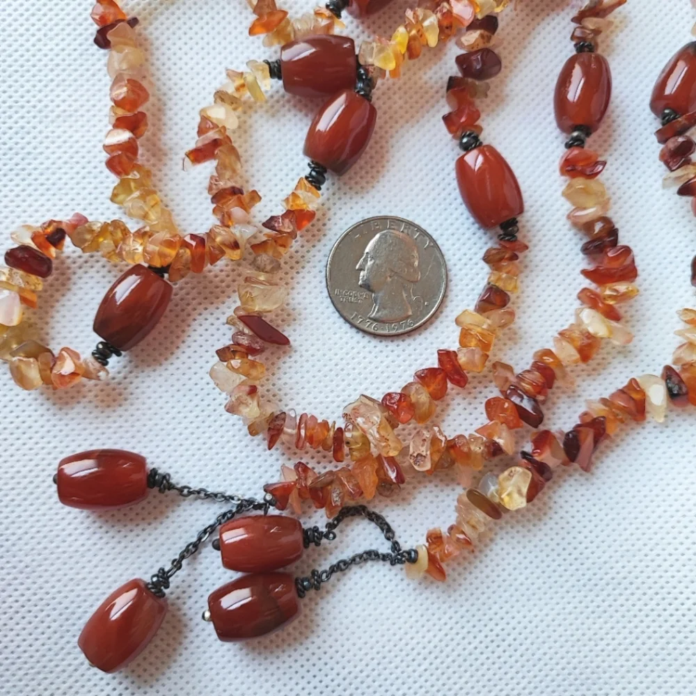 Carnelian Amber Tumbled Rocks Chip Stones Long Semi Precious Lariat Necklace NEW